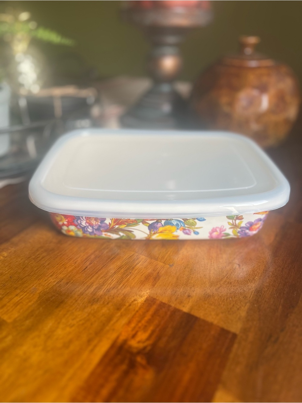 Mackenzie Childs White Flower Market Enamel Container with White Lid
